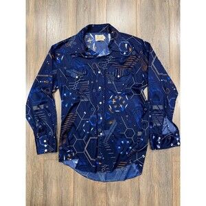 Vintage 70s H Bar C Ranchwear Navy Abstract Geometric Pearl Snap Western Shirt